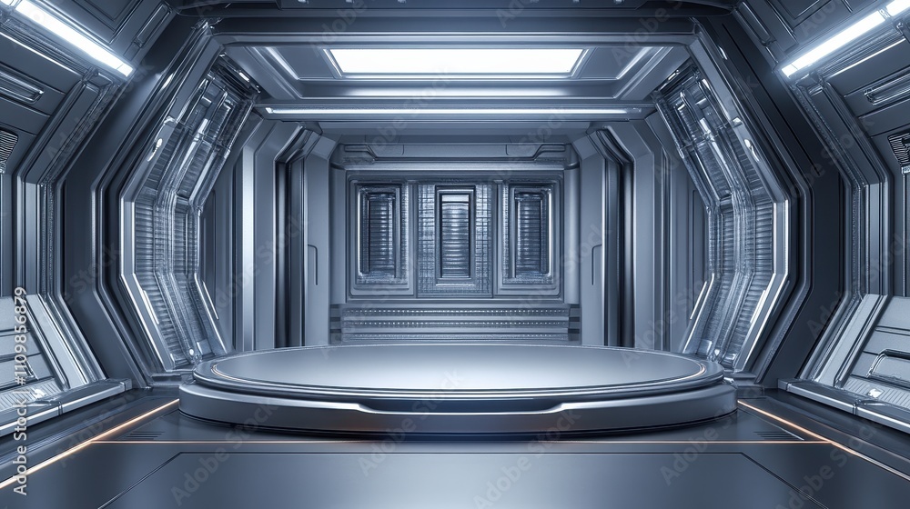Obraz premium Futuristic Metal Room With Circular Platform Display