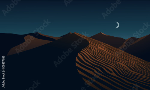 Night landscape background with desert dunes and moon