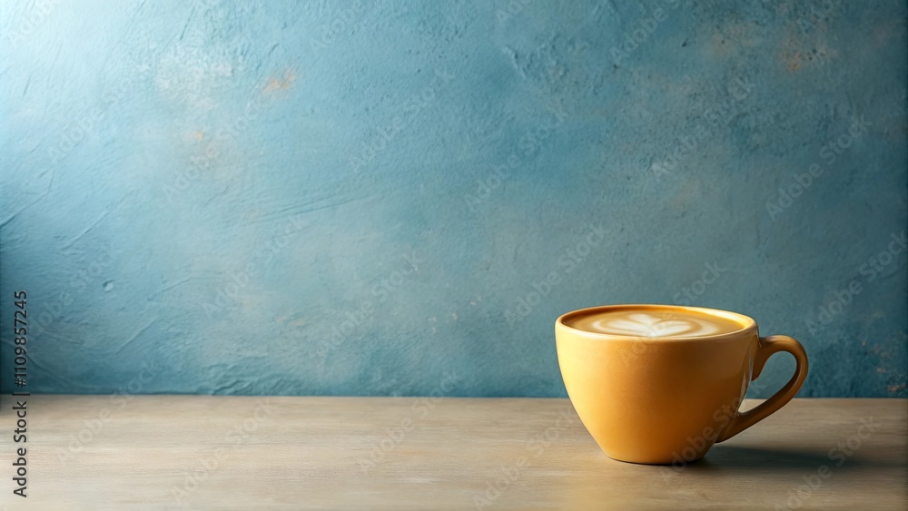 Aromatic Coffee in a Yellow Mug on a Wooden Surface Against a Textured Blue Background Aromatic Coffee in a Yellow Mug on a Wooden Surface Against a Textured Blue Background