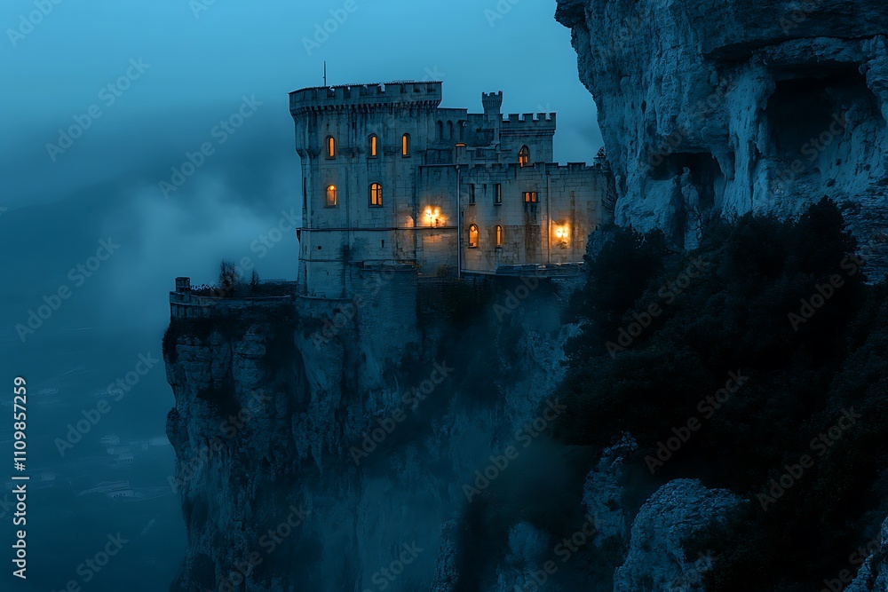 A mysterious castle perched on a cliff, illuminated against a twilight sky. A mysterious castle perched on a cliff, illuminated against a twilight sky.