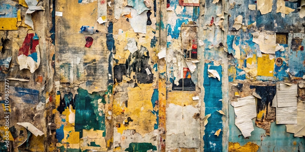 Fototapeta premium Abstract Layered Texture of Weathered, Multicolored Paper Fragments on a Wall