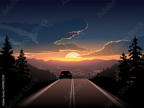 Beautiful sunset view in highway with a car and city skyline