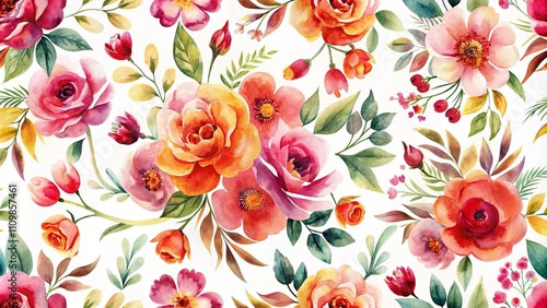 Vibrant Watercolor Floral Pattern with Roses, Anemones, and Delicate Foliage for Textile and Wallpaper Designs