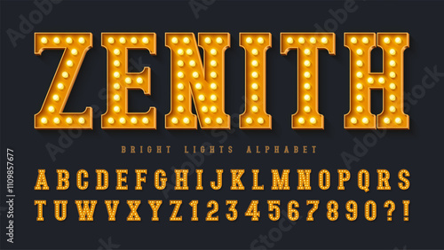 Retro cinema alphabet design, cabaret, warm lamps letters and numbers.