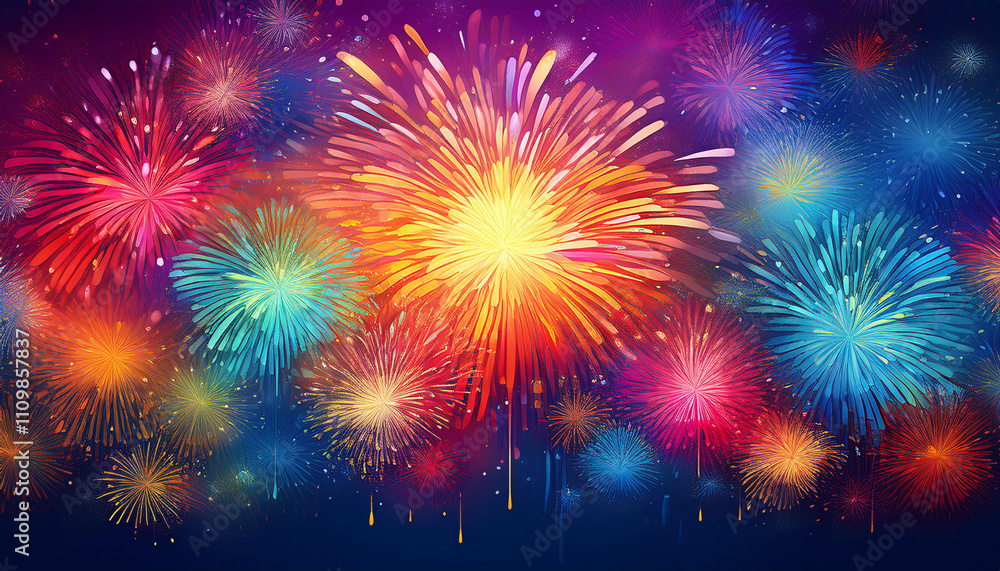 Fototapeta premium Festive fireworks display with multicolored bursts lighting up the night sky over a lively celebration