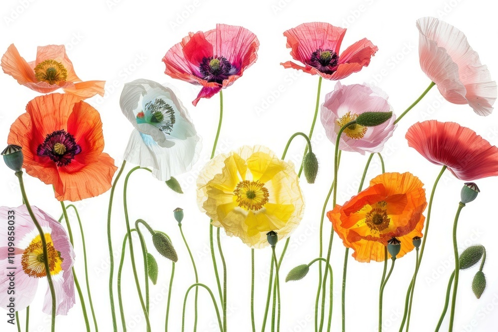 Obraz premium Beautiful multi-colored poppies blooming in a bright and vibrant arrangement, showcasing nature's beauty and the freshness of spring flowers.