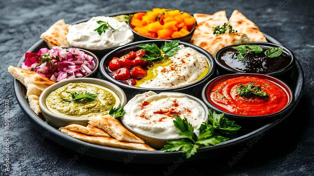 A vibrant platter of dips and flatbreads, perfect for sharing at gatherings. A vibrant platter of dips and flatbreads, perfect for sharing at gatherings.