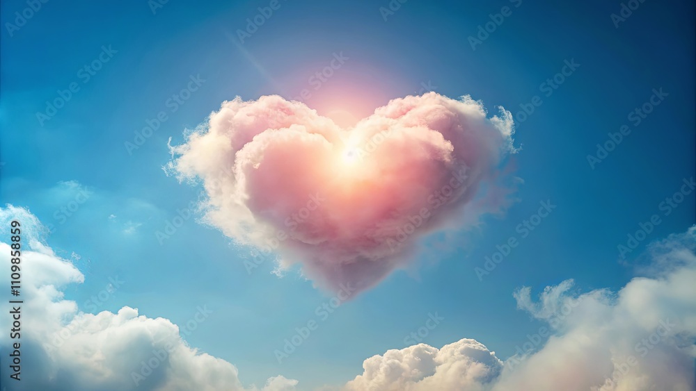 Heart-shaped cloud formation illuminated by sunlight against a vibrant blue sky, a celestial symbol of love and hope Heart-shaped cloud formation illuminated by sunlight against a vibrant blue sky, a celestial symbol of love and hope