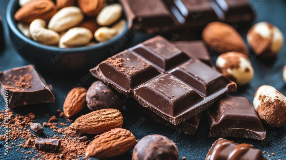 Assorted Chocolates with Nuts and Cocoa on Dark Wooden Background Assorted Chocolates with Nuts and Cocoa on Dark Wooden Background