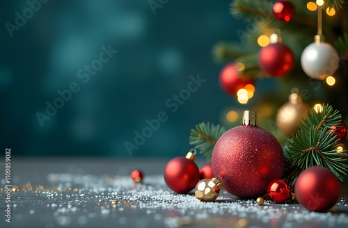 Brightly colored red and gold ornaments are arranged around a beautifully decorated Christmas tree. Soft lights twinkle, creating a warm holiday atmosphere