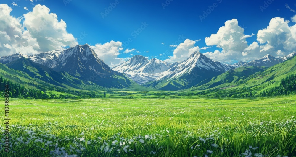 Fototapeta premium Cartoon-style illustration of green grassland, blue sky, and white clouds with distant mountains