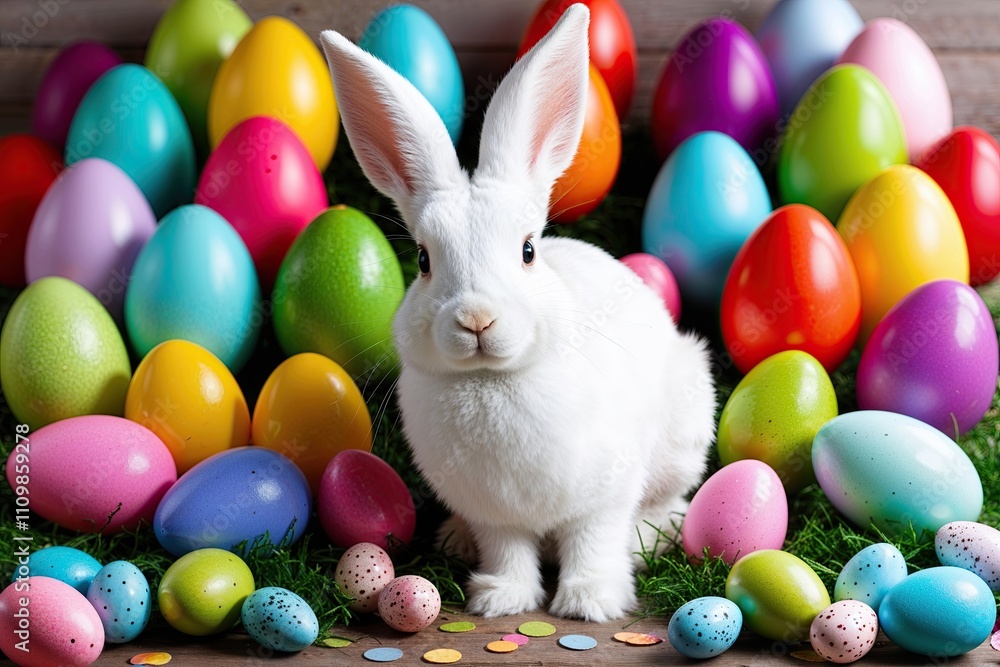 Vibrant Bunny Surrounded by Colorful Easter Eggs in Joyful Spring Festivities Vibrant Bunny Surrounded by Colorful Easter Eggs in Joyful Spring Festivities