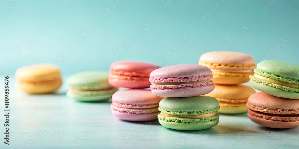 Pastel-colored macarons arranged artfully on a light blue surface Pastel-colored macarons arranged artfully on a light blue surface