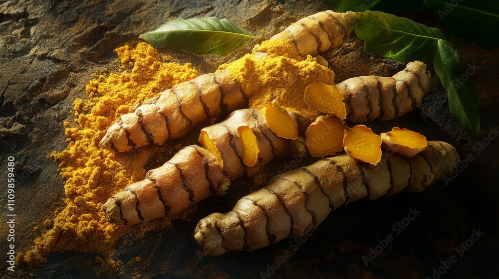 Fresh Turmeric Root with Ground Spice and Green Leaves on Table Fresh Turmeric Root with Ground Spice and Green Leaves on Table