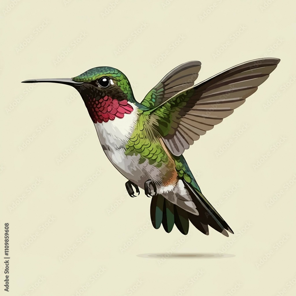 Fototapeta premium Hummingbird on white background. Colubris archilocus. Flying North American Ruby-troathed hummingbird with colorful glossy plumage: distinctive red throat and green reflections on the back.