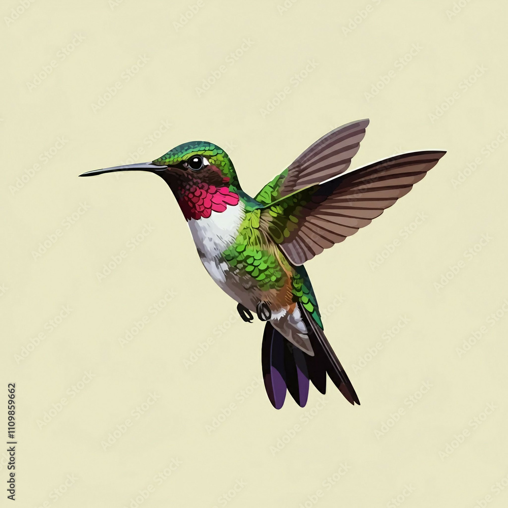 Fototapeta premium Flying Ruby-troathed hummingbird with colorful glossy plumage
