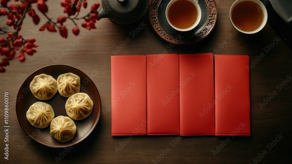 A festive table setting with dumplings and red envelopes. A festive table setting with dumplings and red envelopes.