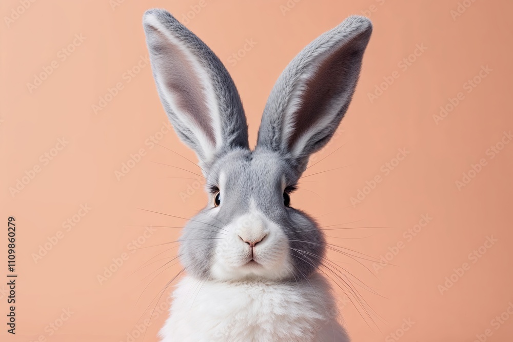 Fototapeta premium Fluffy Grey Eared Easter Bunny Design on Peach Background