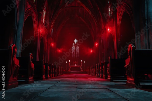 A dimly lit church interior with red lighting and gothic architecture.