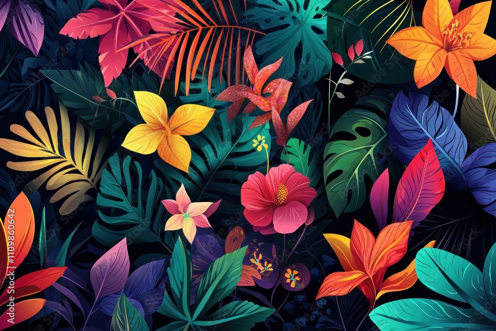 Colorful tropical leaves and flowers pattern on dark background, showcasing nature's vibrant beauty and diversity. Perfect for summer or nature-themed projects. Colorful tropical leaves and flowers pattern on dark background, showcasing nature's vibrant beauty and diversity. Perfect for summer or nature-themed projects.