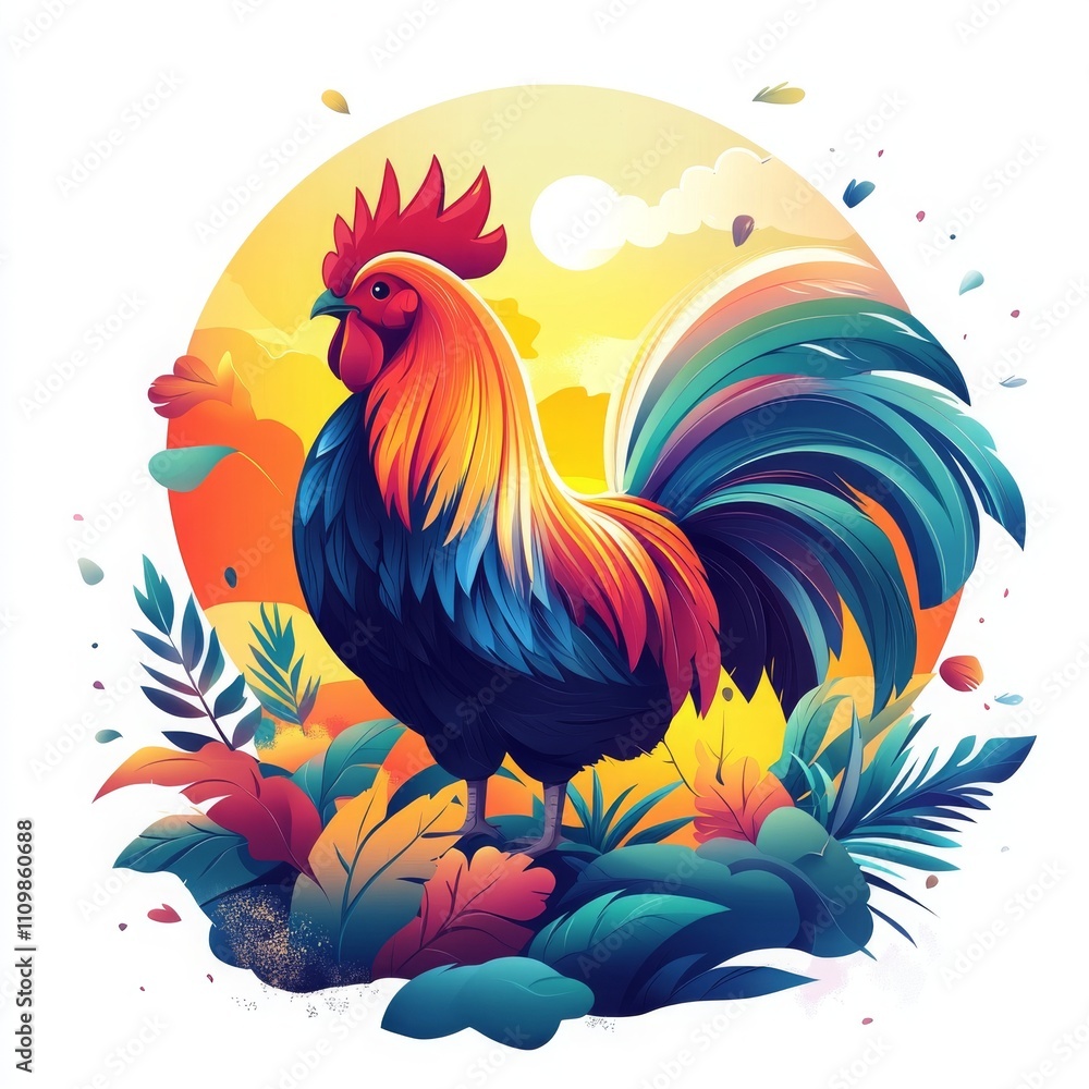 Fototapeta premium Colorful 2D Cartoon Rooster Illustration in Nature