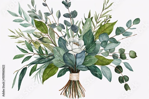 Watercolor Floral Bouquet with Eucalyptus and Olive Green Leaves for Wedding Invitations and Greeting Cards