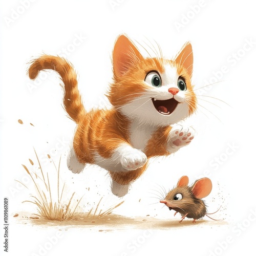 Cartoon Cat Chasing Mouse in Whimsical Style