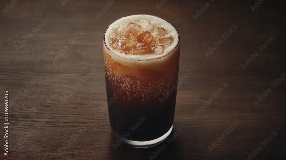 Refreshing Iced Beverage in Clear Glass on Wooden Table Background Refreshing Iced Beverage in Clear Glass on Wooden Table Background