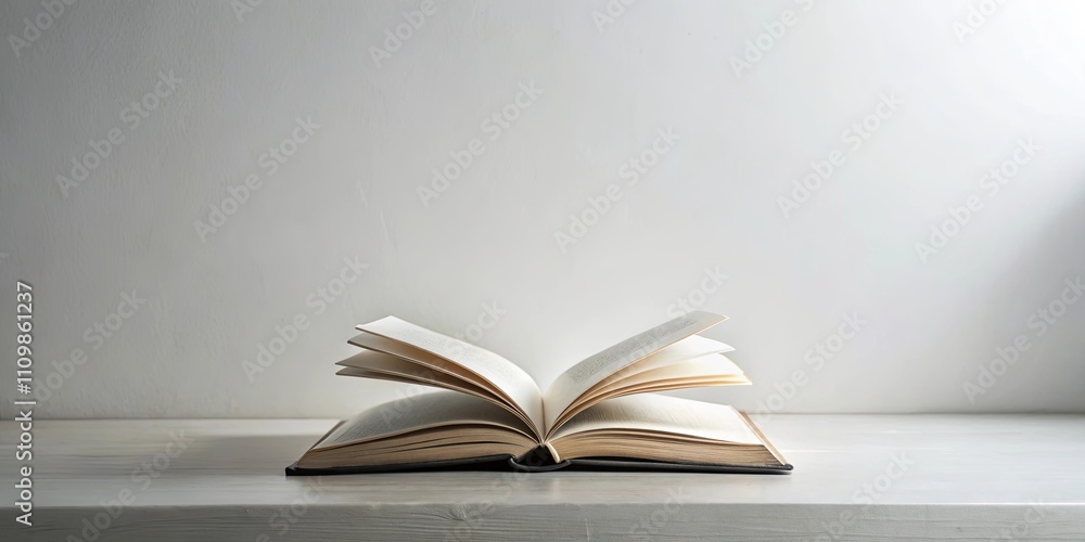 Fototapeta premium Open book resting on a pristine white surface against a bright white wall