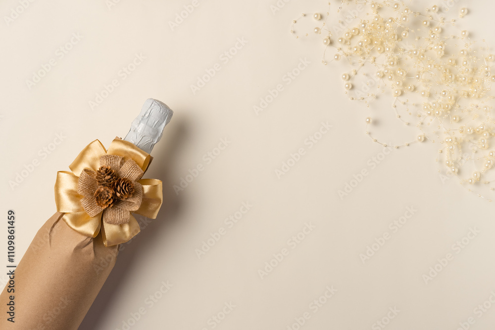 Wrapped champagne bottle with bow on beige background. Christmas or new year concept. Flat lay, top view. Copy space Wrapped champagne bottle with bow on beige background. Christmas or new year concept. Flat lay, top view. Copy space