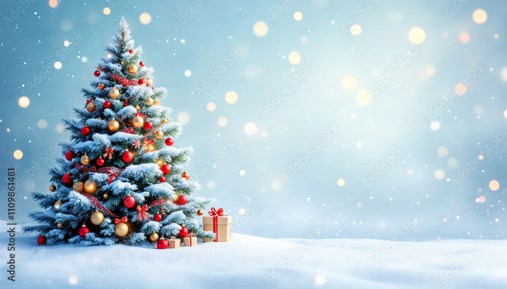 Festive Christmas tree adorned with ornaments and presents in a snowy landscape during the winter season Festive Christmas tree adorned with ornaments and presents in a snowy landscape during the winter season