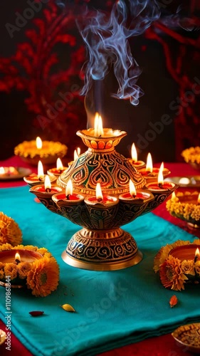 Intricately designed brass diya lamp surrounded by marigold flowers and small lit candles on a blue surface. Traditional Diwali festival celebration setup. photo