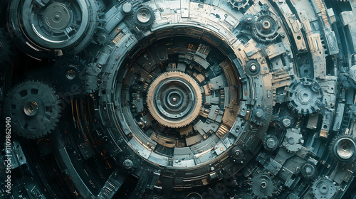 Abstract background with gears and light and dark contrasting colors, complex patterns, sci-fi style. Mechanical. Illustration