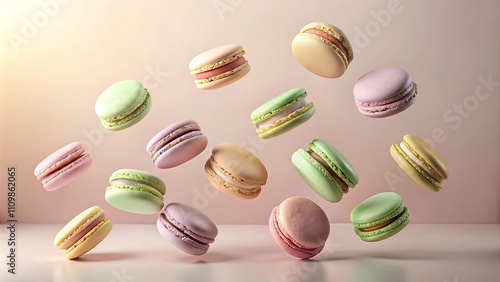 Wallpaper Mural Sweet pastel-colored macarons levitate in mid-air against a soft, neutral background, creating a delightful and airy scene perfect for culinary or dessert-related projects. Torontodigital.ca
