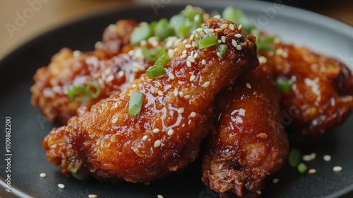 Crispy Chicken Wings Glazed with Sesame and Green Onions on Plate