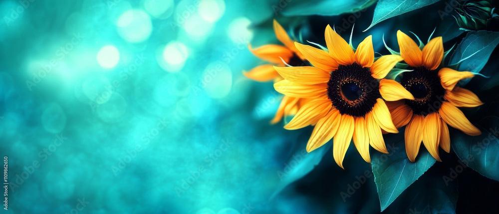 Vibrant sunflowers with lush green leaves in dreamy atmosphere. Vibrant sunflowers with lush green leaves in dreamy atmosphere.