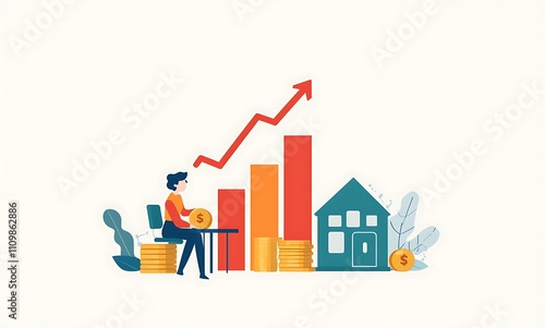 A person holding coins and houses with a graph going up in the background to show the increasing value of homes, representing real estate photography