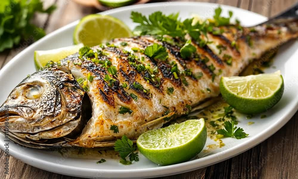 Grilled Whole Fish Garnished with Fresh Herbs and Lime Slices Grilled Whole Fish Garnished with Fresh Herbs and Lime Slices