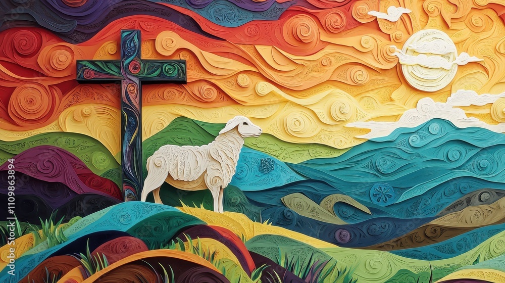 A colorful and detailed paper cut depiction of a lamb by the cross on Calvary Hill, with symbolic use of color and design, evoking themes of faith, sacrifice, and divine love A colorful and detailed paper cut depiction of a lamb by the cross on Calvary Hill, with symbolic use of color and design, evoking themes of faith, sacrifice, and divine love
