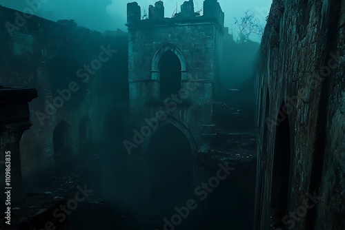 A misty, abandoned structure with gothic architecture, evoking a haunting atmosphere. photo