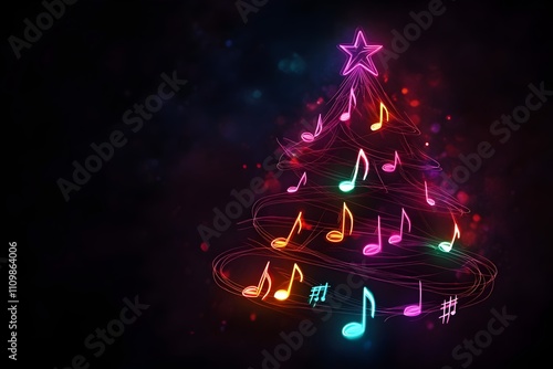 A vibrant Christmas tree illuminated with neon lights and musical notes on a dark backdrop. 