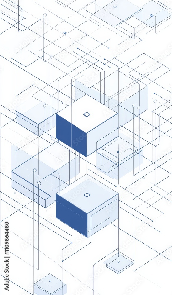 Minimalist line art illustration of an isometric cube network with blue and gray color palette, representing blockchain technology and connected blocks, with a clean geometric design Minimalist line art illustration of an isometric cube network with blue and gray color palette, representing blockchain technology and connected blocks, with a clean geometric design