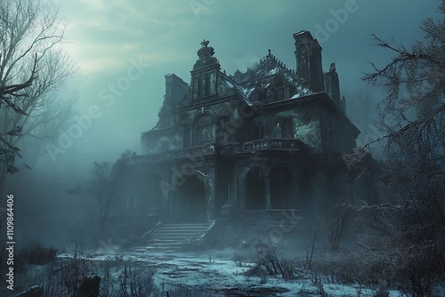 A haunting, abandoned mansion shrouded in mist and surrounded by a desolate landscape.