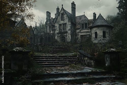 A haunting, overgrown mansion surrounded by a gloomy atmosphere and decaying landscape. photo