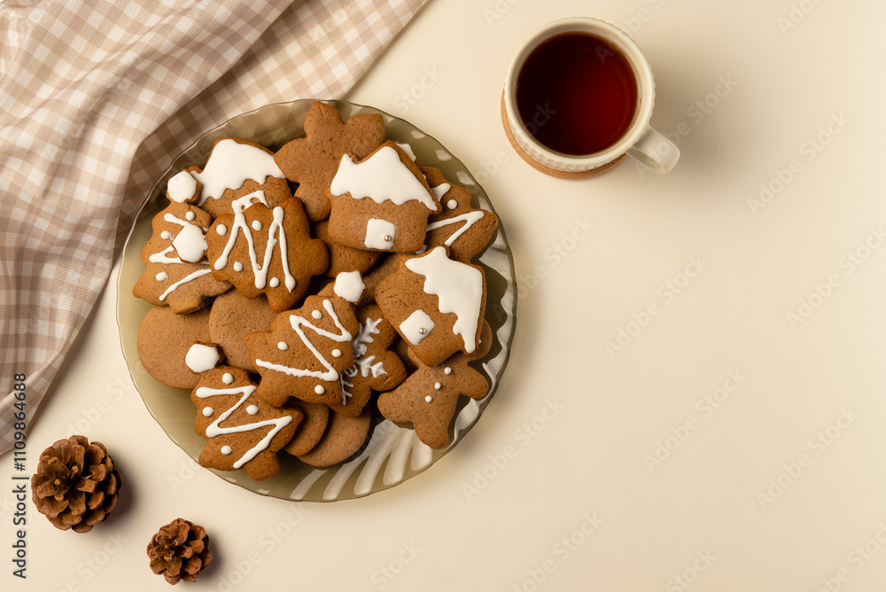 Coziness composition with gingerbread and cup of tea on beige background. Christmas concept. Flat lay, top view. Coziness composition with gingerbread and cup of tea on beige background. Christmas concept. Flat lay, top view.