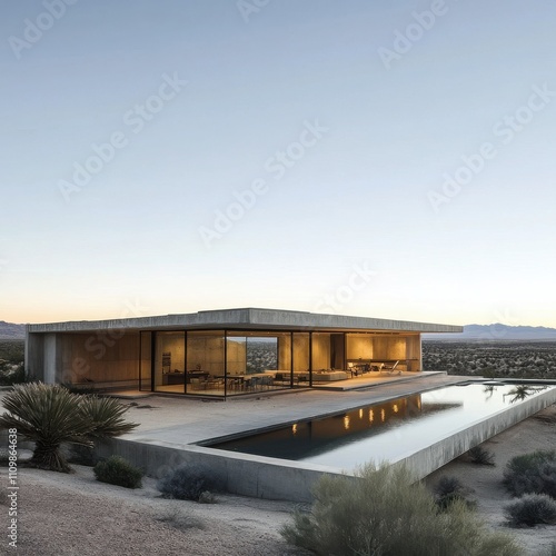 Desert Oasis: Minimalist architectural masterpiece set against a breathtaking desert landscape, featuring a sleek, modern design with expansive windows and a reflecting pool.