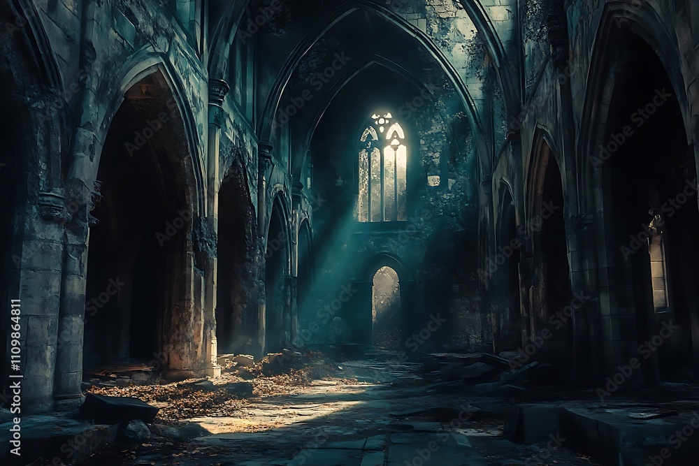 Obraz premium An atmospheric view of a dilapidated cathedral, illuminated by shafts of light.