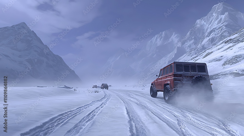 A red SUV drives through a snowy mountain pass with other vehicles following behind. A red SUV drives through a snowy mountain pass with other vehicles following behind.