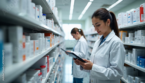 Pharmacy staff assist customers while managing inventory in a well-organized drugstore during the day photo