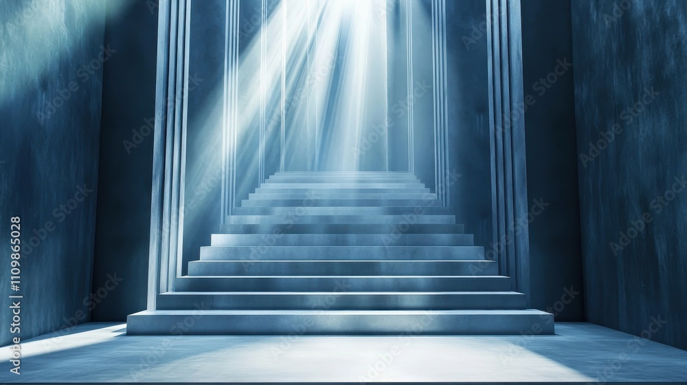 Fototapeta premium Sunlit Staircase Ascending In A Blue Hallway